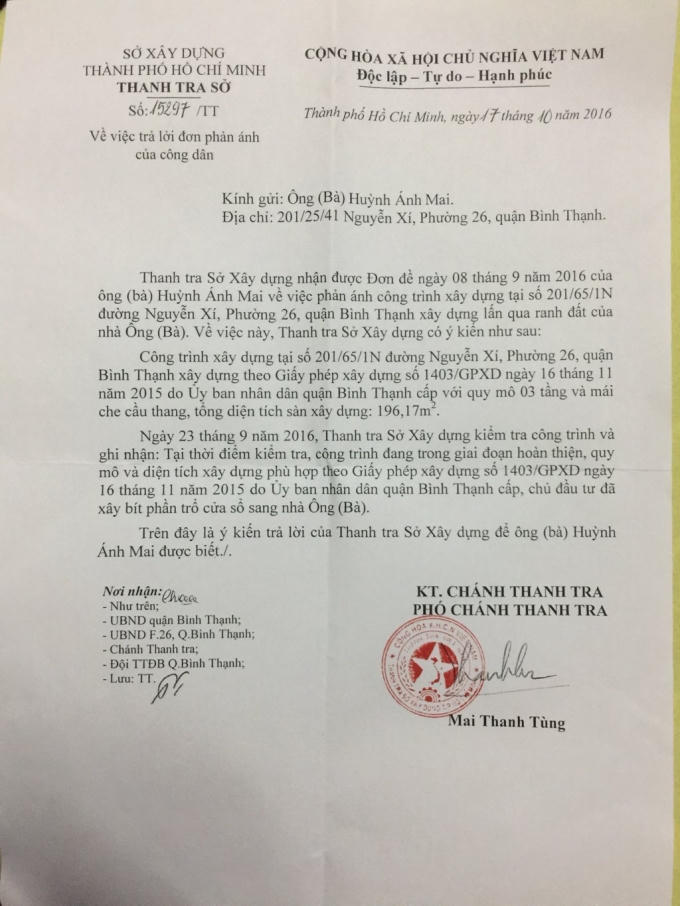Công văn phản hồi của Sở Xây dựng TP HCM về vụ việc.