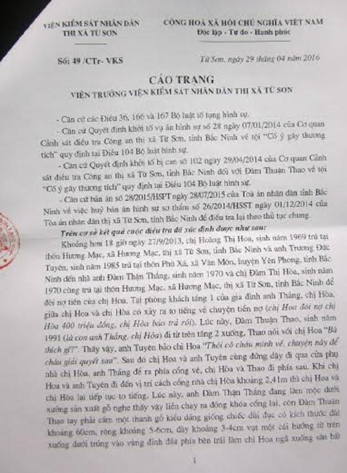 Cáo trạng của VKSND thị xã Từ Sơn.