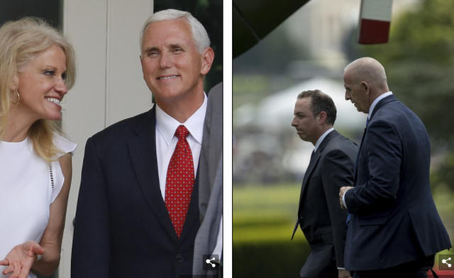 Chánh văn phòng Nhà Trắng Reince Priebus (ảnh phải) cũng đi cùng trong chuyến công du. Trong khi đó, Phó Tổng thống Mike Pence và cố vấn cấp cao Kellyanne Conway ở lại để đảm nhận công việc trong thời gian Tổng thống vắng mặt. (Ảnh: Dailymail)