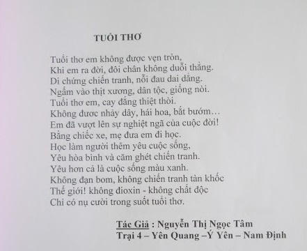 Bài thơ đầu tiên mà Tâm sáng tác khi đang là học sinh lớp 7.