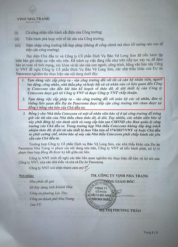 Thông báo của Công ty Vịnh Nha Trang "cấm" nhân sự Coteccons và nhà thầu phụ vào ra dự án cho đến khi Coteccons có bảng kế hoạch tháo dỡ, di dời thiết bị được công ty này chấp nhận