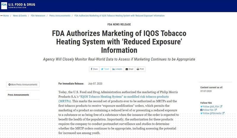 FDA công bố một sản phẩm thuốc lá làm nóng được kinh doanh tại Mỹ như là sản phẩm thuốc lá điều chỉnh nguy cơ. 