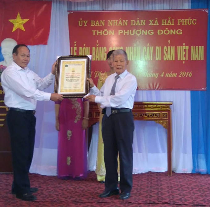 Đại biểu TW Hội Bảo vệ tài nguyên và Môi trường trao bằng công nhận Cây di sản cho lãnh đạo UBND xã Hải Phúc.