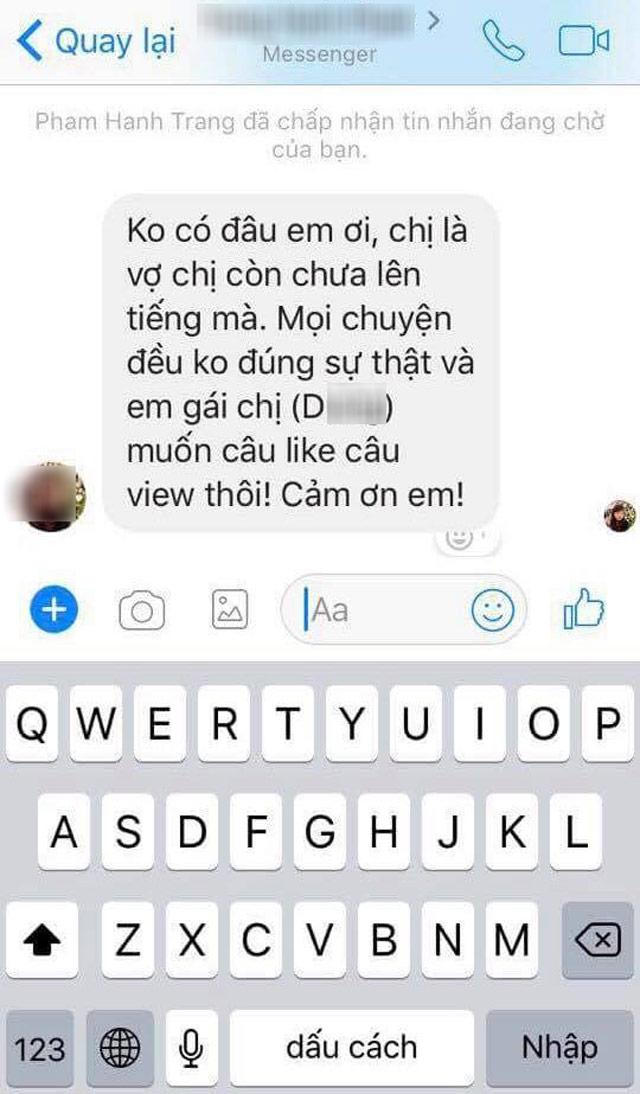 Tin nhắn được cho là của vợ BTV Minh Tiệp và cũng là chị gái của D.