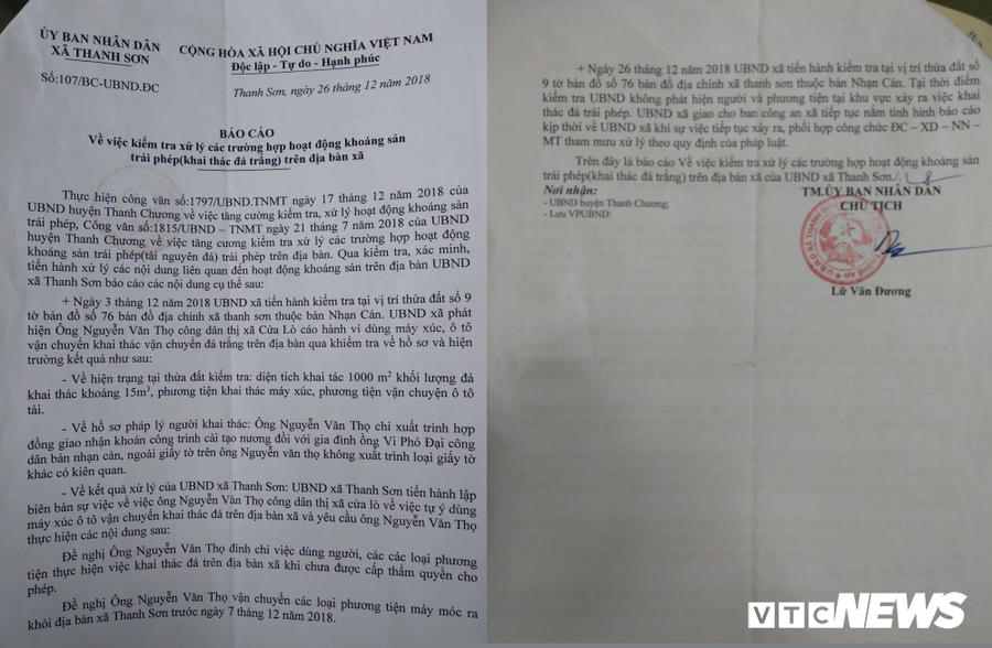 Từ 26/12/2018, UBND xã Thanh Sơn gửi báo cáo cho UBND huyện Thanh Chương về tình trạng khai thác khoáng sản trái phép nhưng không ai xử lý, để