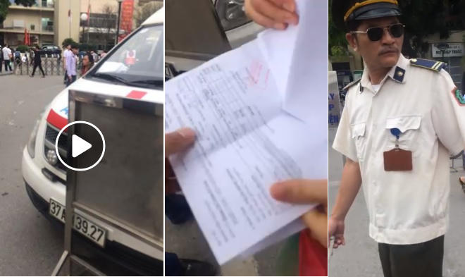 Hình ảnh bảo vệ bệnh viện Bạch Mai ngăn cản xe cứu thương vào đón bệnh nhân (ảnh cắt từ clip).