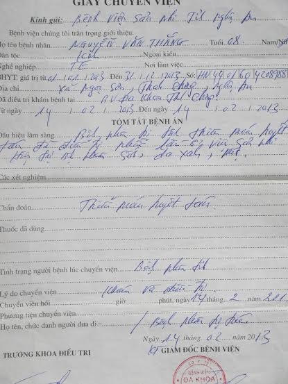 Bệnh án của cháu Thắng.