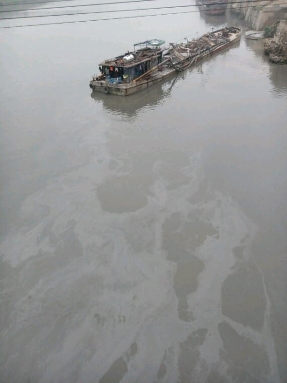 Vết dầu loang ra từ những tầu thuyền hoạt động tại khu vực bến cảng, sặc mùi khét lẹt. Ảnh chụp ngày 01/04/2016 tại địa phận Việt Yên, Bắc Giang.