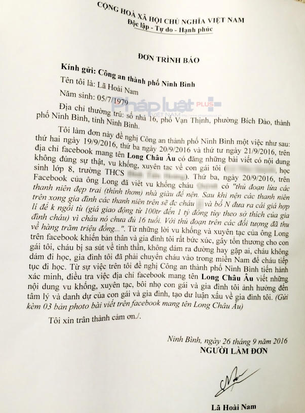Đơn trình báo của gia đình nữ sinh gửi Công an TP Ninh Bình.