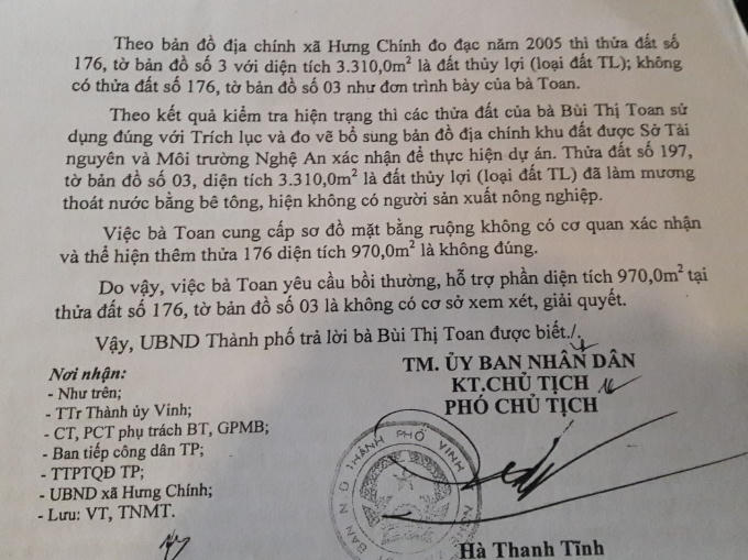 Văn bản trả lời của UBND TP Vinh lại khẳng định không có thửa đất số 176.