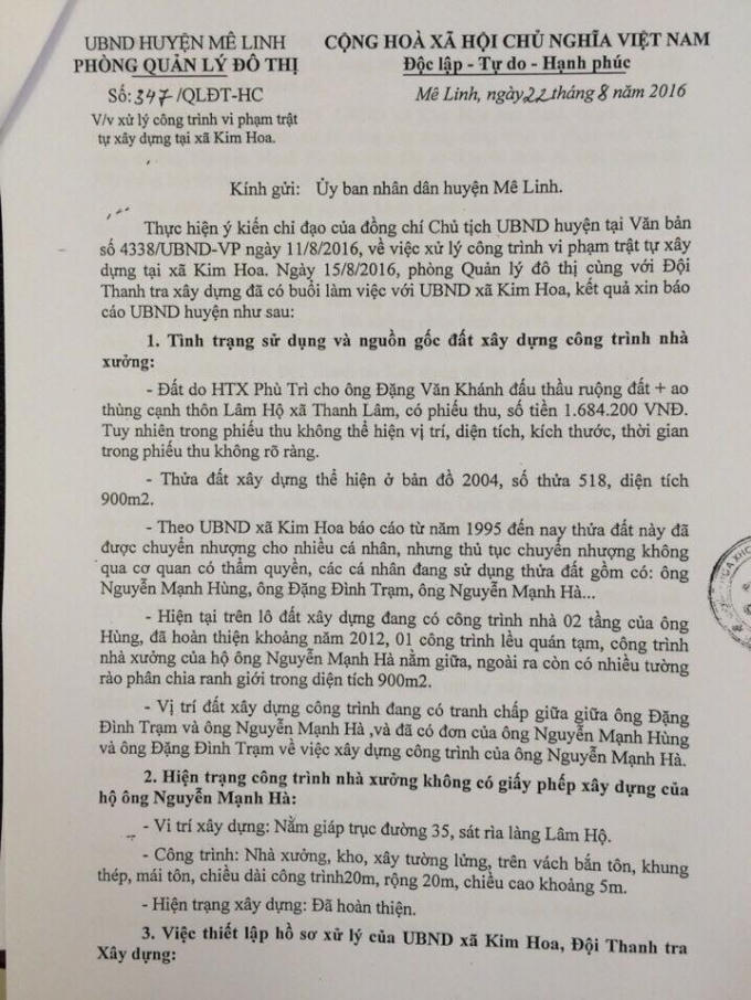 M&ecirc; Linh &ndash; H&agrave; Nội: C&ocirc;ng tr&igrave;nh vi phạm, ch&iacute;nh quyền l&uacute;ng t&uacute;ng trong xử l&yacute;