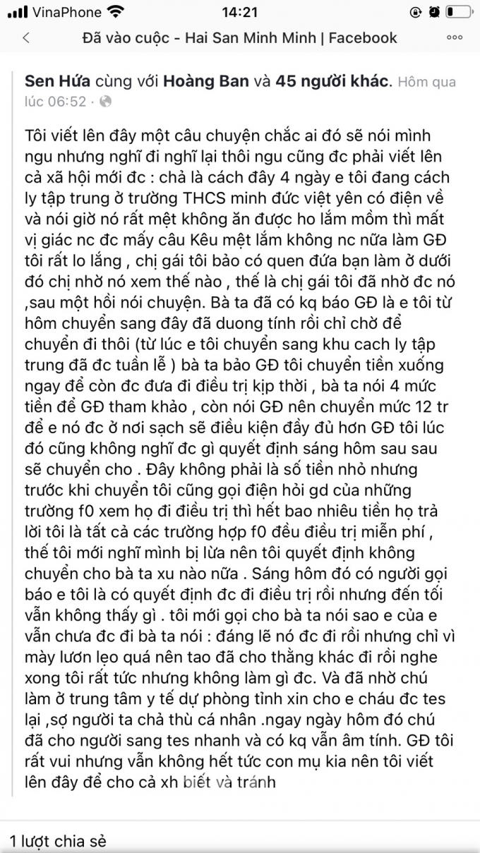 Nội dung đăng tải trên tài khoản facebook