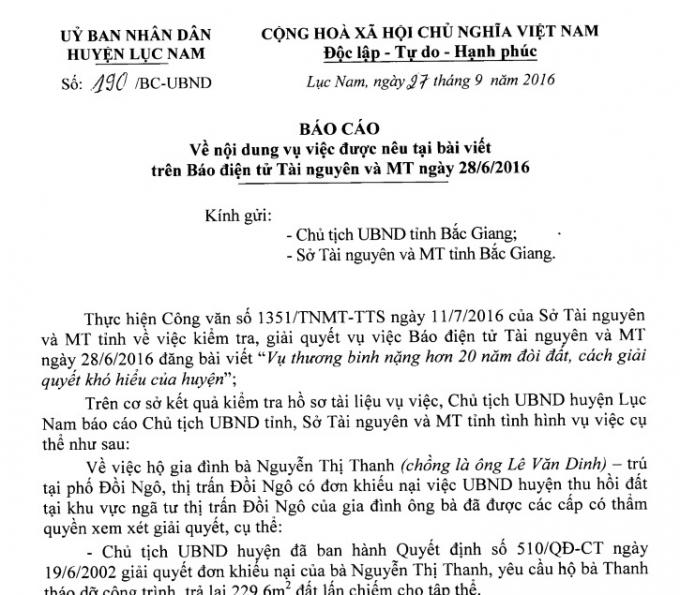 Báo cáo của UBND huyện Lục Nam gửi Chủ tịch UBND tỉnh Bắc Giang, Sở TN&amp;MT vào ngày 27/9/2016, chậm hơn 2 tháng so với đề nghị của Sở TN&amp;MT