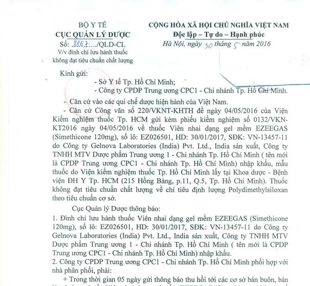 Công văn của Cục Quản lý dược về việc đình chỉ lưu hành  thuốc viên nhai dạng gel mềm EZEGAS.