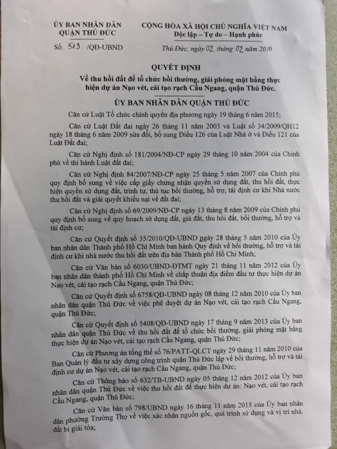 Quyết định Thu hồi đất của gia đình bà Hà