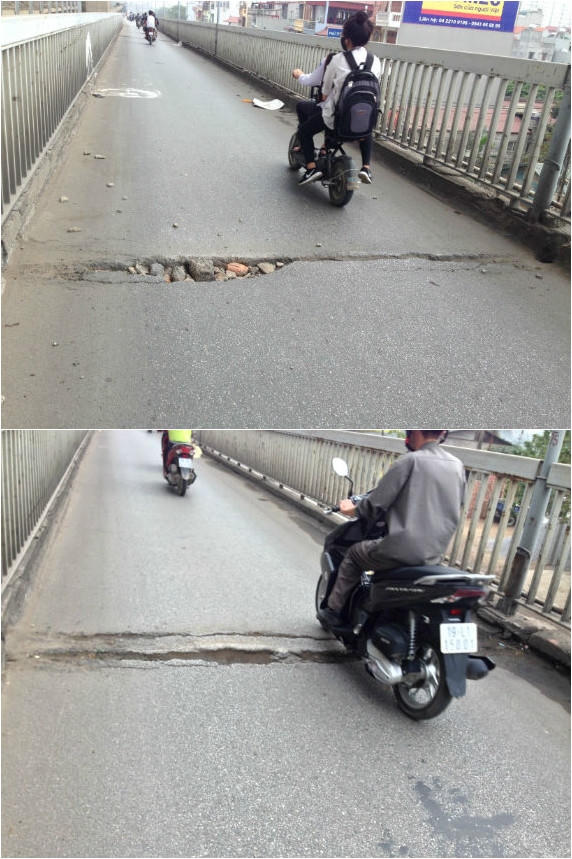 Cả hai làn cầu đều có rãnh như thế này. Trong khi chờ đợi ngành giao thông sửa chữa, việc dùng gạch để vá lấp cũng là một ý tưởng... không tồi.