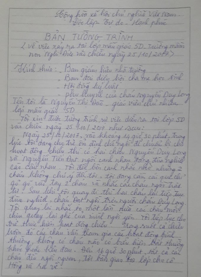 Bản tường trình của cô Đào liên quan đến sự việc.