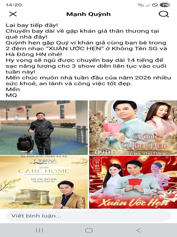 Chia sẻ trên trang cá nhân, Mạnh Quỳnh bày tỏ cảm xúc phấn khởi mong được gặp bạn bè và khán giả tại quê nhà.