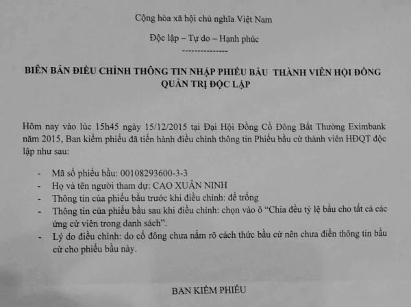 Biên bản điều chỉnh thông tin nhập phiếu bầu thành viên HĐQT độc lập của ông Cao Xuân Ninh. Biên bản này cũng bị tiêu hủy, không công bố cho các cổ đông.