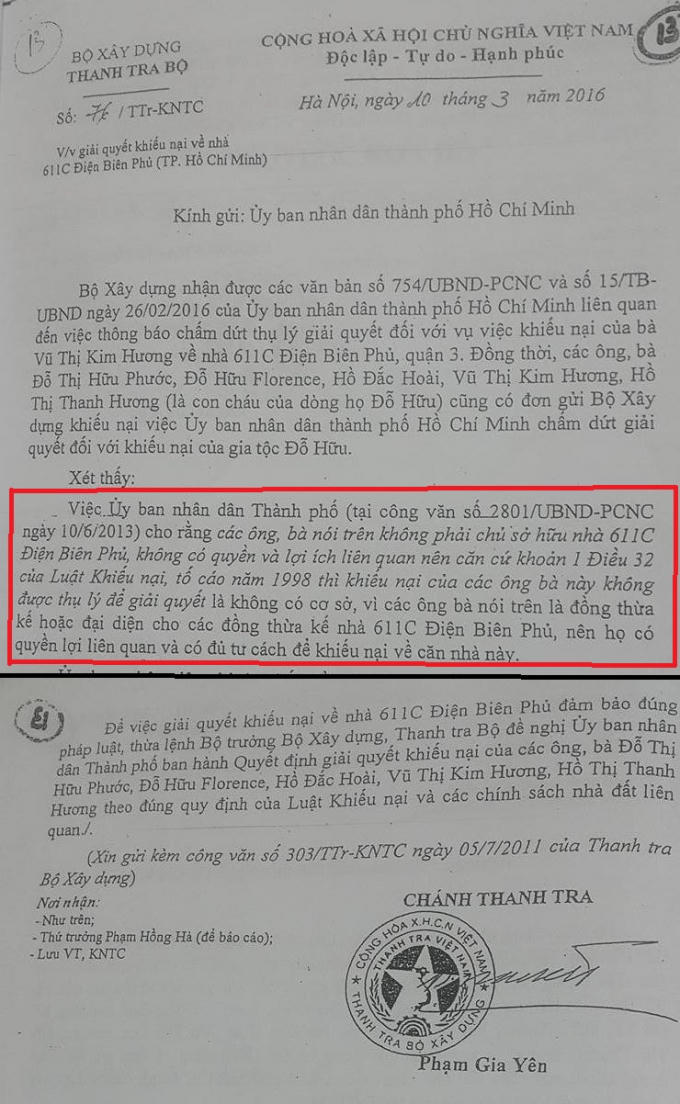 Công văn của Thanh tra Bộ Xây Dựng khẳng định quyền thừa quyền thừa kế và đủ tư cách khiếu nại của các ông, bà: Vụ Thị Kim Hương, Hồ Thị Thanh Hương, Đỗ Thị Hữu Phước, Đỗ Hữu Florence, Hồ Đắc Hoài.
