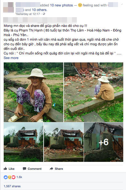 Hình ảnh cụ bà thất thần khi chứng kiến ngôi nhà bị tàn phá sau cơn bão được chia sẻ khiến nhiều người không khỏi xót xa. Ảnh: FB