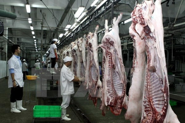 Dây chuyền giết mổ lợn tại Công ty VISSAN. Ảnh: Thanh Vũ/TTXVN