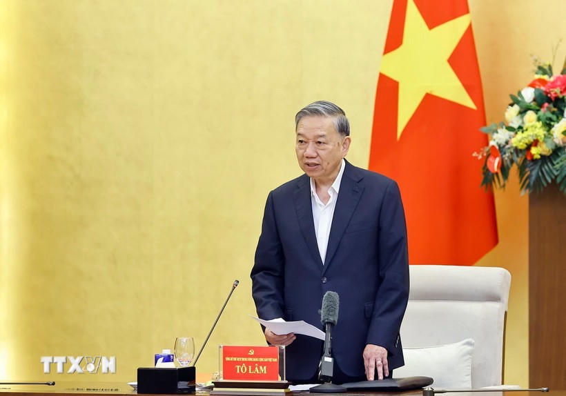 Tổng Bí thư Tô Lâm, Trưởng Đoàn kiểm tra phát biểu ý kiến - Ảnh: TTXVN.
