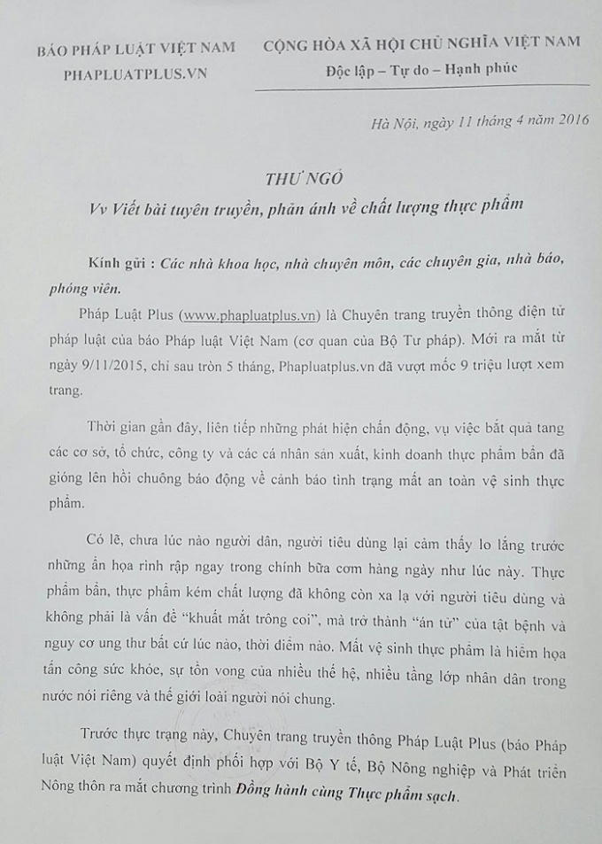Thư ngỏ mời viết b&agrave;i tuy&ecirc;n truyền, phản &aacute;nh về chất lượng thực phẩm - Đồng h&agrave;nh c&ugrave;ng thực phẩm sạch