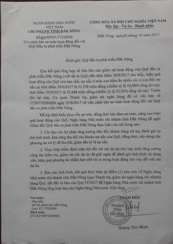 Văn bản số 604 của Ng&acirc;n h&agrave;ng nh&agrave; nước Việt Nam chi nh&aacute;nh Đắk&nbsp;N&ocirc;ng ng&agrave;y 20/10/2018 gửi Quỹ&nbsp;ĐTPT&nbsp;