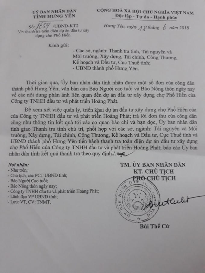 Công văn của UBND tỉnh Hưng Yên.