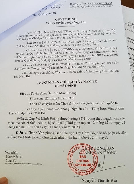 Ngày 4/6/2014, ông Vũ Minh Hoàng được tuyển dụng vào tập sự tại Ban chỉ đạo Tây Nam Bộ nhưng chưa đầy 3 tháng sau ông Hoàng đã được cử đi học tiến sĩ ở Nhật Bản.