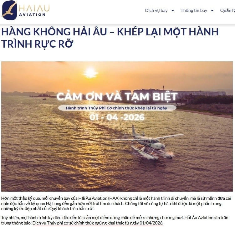 Công ty Hàng không Hải Âu (Hải Âu Aviation - HAA) đã phát đi thông báo Hành trình Thủy phi cơ chính thức khép lại.