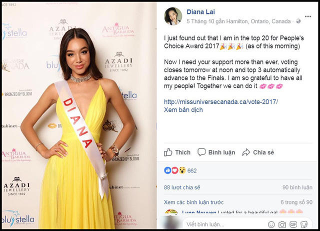 Diana Lai kêu gọi bình chọn trên trang cá nhân.