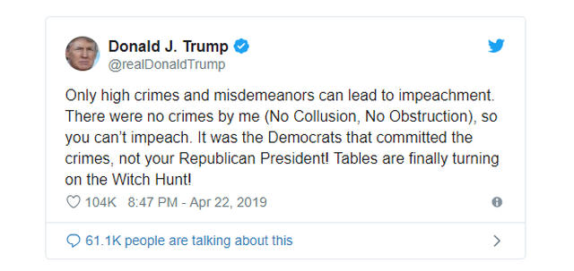 Chia sẻ của Tống thống Donald Trump trên Twitter ngày 22/4.