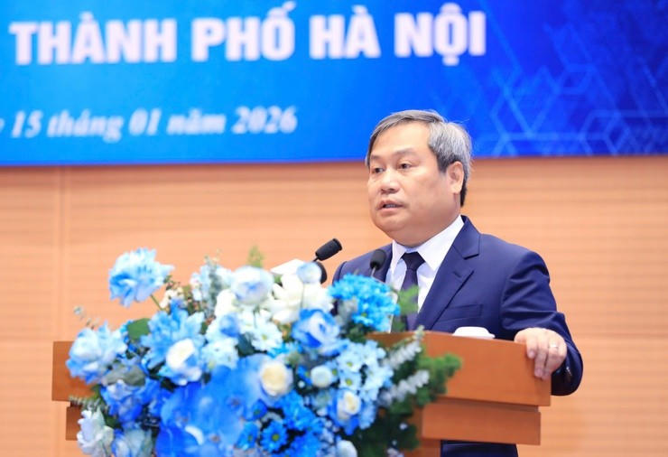 Chủ tịch UBND thành phố Hà Nội Vũ Đại Thắng phát biểu tại Hội nghị. Ảnh: Phạm Linh.