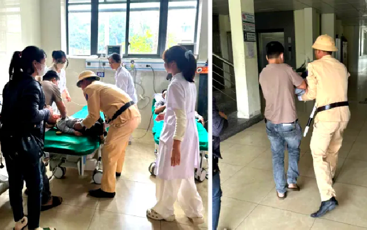 Lực lượng CSGT hỗ trợ kịp thời đưa cháu bé đi cấp cứu. Ảnh Công an Thanh Hoá.