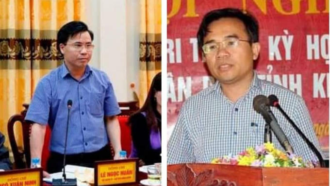 Ông Lê Ngọc Huấn, Chủ tịch huyện Hương Khê (trái) và ông Bùi Quang Hoàn, Chủ tịch huyện Kỳ Anh