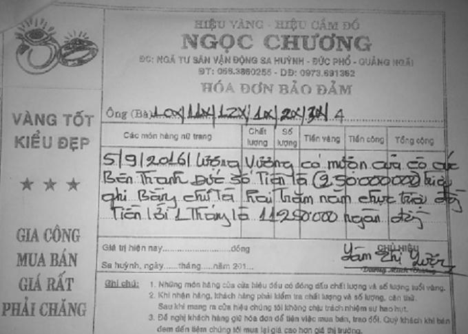 Giấy mượn tiền của tiệm vàng Ngọc Chương.