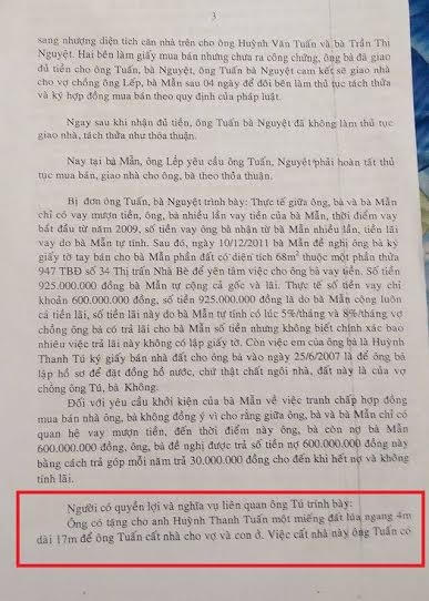 Phần trình bày của ông Tú tại bản án phúc thẩm cho thấy sự bất nhất và gian dối với nội dung mà cơ quan Thi hành án lấy làm cơ sở để bác đơn của bà Mẫn.