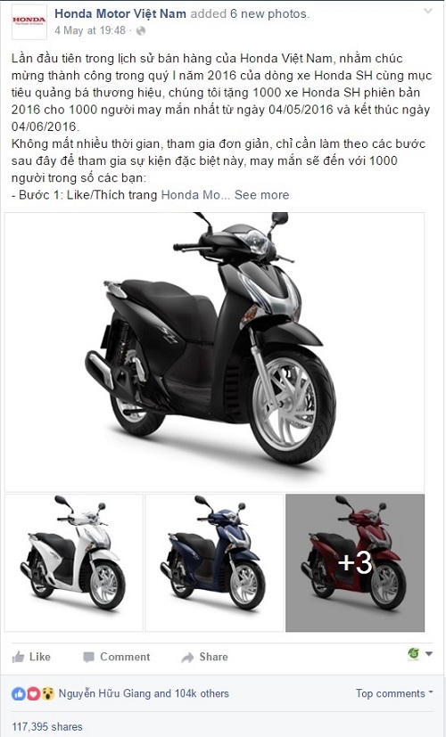 Fanpage "giả mạo" Honda Motor Việt Nam tặng xe máy SH mừng thành công quý I/2016.