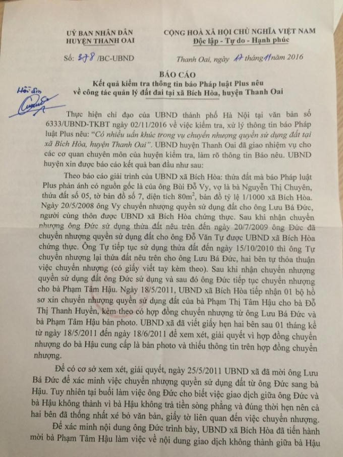 Công văn UBND huyện Thanh Oai báo cáo UBND TP. Hà Nội và Tòa soạn Pháp luật Plus.