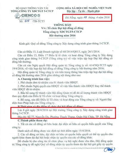 Thông báo triệu tập họp ĐHCĐ bất thường vào 28/04 được Chủ tịch Bạch Ngọc Du ký vào ngày 19/0/42016.