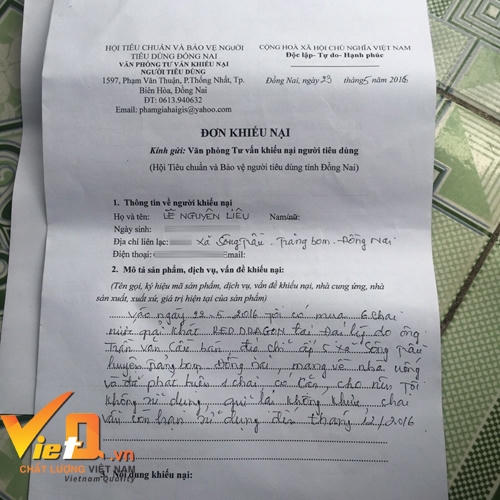 Đơn khiếu nại của ông Liệu tới Hội Tiêu chuẩn và bảo vệ NTD Đồng Nai. Ảnh: P.Ngọc.