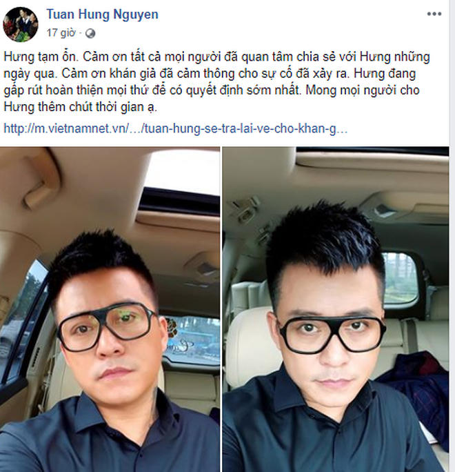 Tuấn Hưng cho biết sức khỏe đã tạm ổn và muốn nghỉ ngơi thêm vài ngày nữa. Ảnh FBNV