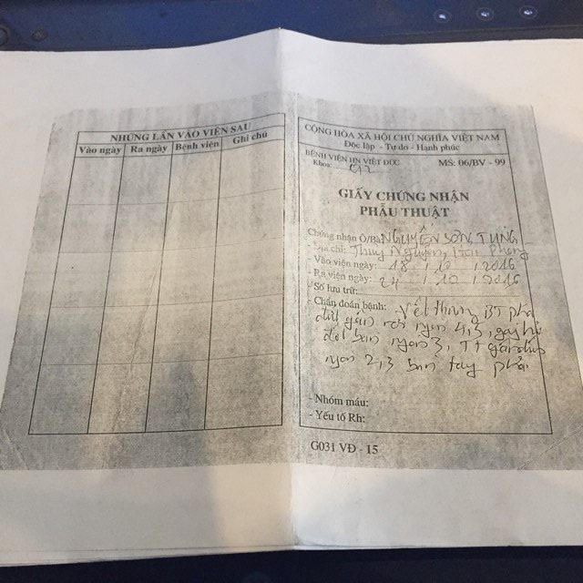 Giấy chứng nhận phẫu thuật từ phía bệnh viên Việt Đức Hà Nội.