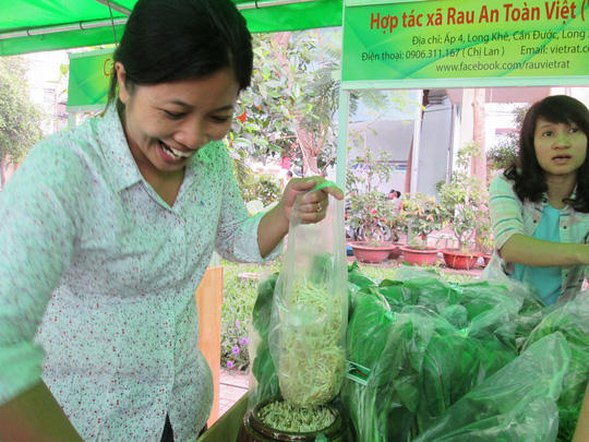 Người tiêu dùng thích thú với giá sạch trồng trong lu đất bán tại Chợ phiên nông sản an toàn quận Bình Tân. Nguồn ảnh: Internet
