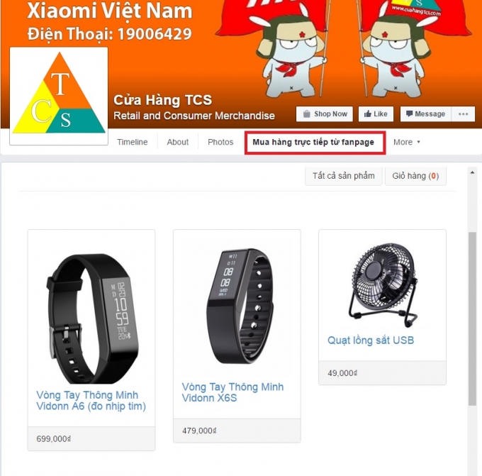 Giao diện mua sắm (shop) trên Fanpage Facebook.
