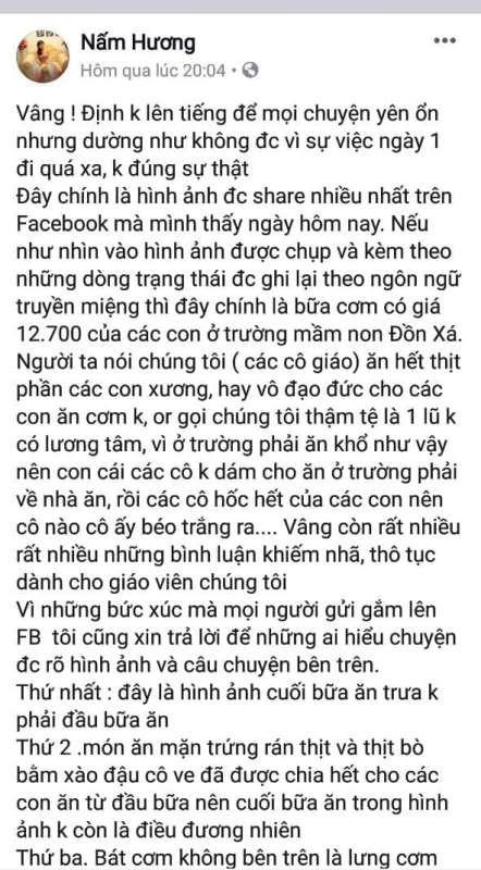 Đoạn chia sẻ trên trang cá nhân của một giáo viên về việc bị nhiều bình luận khiếm nhã, thô tục nói về bữa ăn của học sinh
