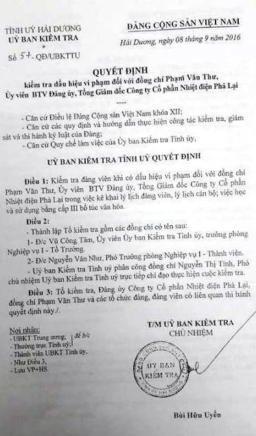 Uỷ ban kiểm tra Tỉnh uỷ Hải Dương có quyết định thành lập tổ kiểm tra đối với ông Phạm Văn Thư.