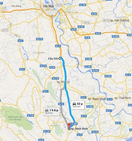 Toàn tuyến cao tốc Cầu Giẽ - Ninh Bình dài 50 km. Trong đó, đoạn màu xanh là vị trí thu phí. (Ảnh Google map).